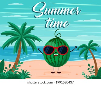 funny summer beach background with watermelon fruit character. Cartoon style. Summer time postcard Eps 10