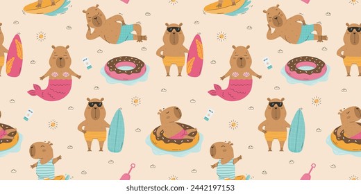 Funny summer capybaras seamless pattern