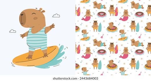 Funny summer capybaras seamless pattern