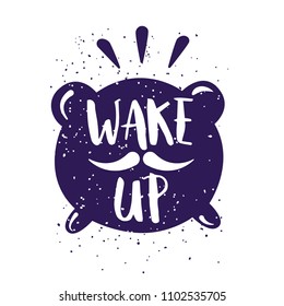 Funny summer card with alarm clock and lettering text Wake Up on white background. Vector illustration for greeting cards, decoration, prints and posters.