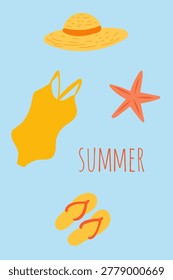  Funny Summer Card Background. Positive Hot Days Beach Accessories. Cartoon Retro Style Art. Nostalgic 90s Vibes. Cute Summer Holiday Travel Flip-Flop, Swimsuit and hat Decoration Graphic Design