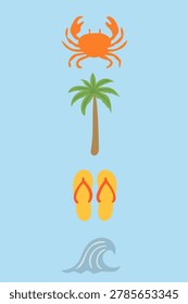 Funny Summer Card Background. Positive Hot Days Beach Accessories. Cartoon Retro Style Art. Nostalgic 90s Vibes. Cute Summer Holiday Travel Flip-Flop, Palm Tree. Crab Decoration Graphic Design 