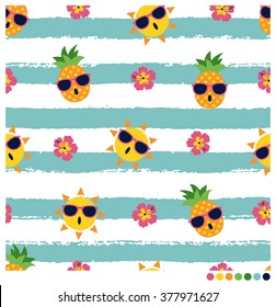 Funny summer cartoon seamless vector pattern with pineapple, sun and hibiscus on striped background