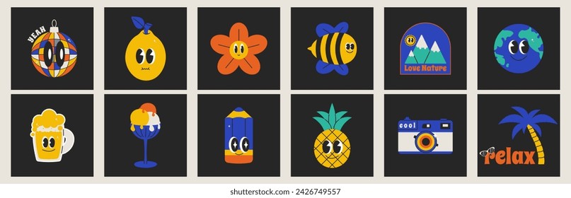Funny summer character chat in retro groovy mood. Bundle label with cool quote slogan. Vector set element in trendy color 90s