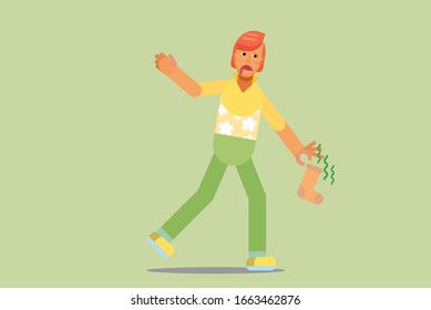 Funny summer characters - An illustration of a woman pick up a dirty sock. A vector of weird vacation time, this character illustration can use as a sticker also.