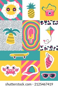 Funny summer characters and objects. Abstract background. Vector illustration of the poster. Modern trendy background in doodle style