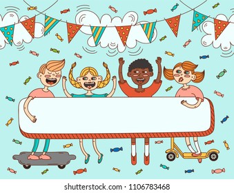 Funny summer children hold a banner for inscription on a festive background with garlands and clouds. Isolated characters and inscription template