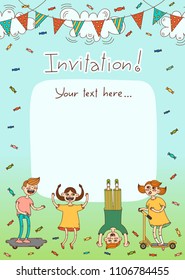 Funny summer children hold a banner for inscription on a festive background with garlands and clouds. Isolated characters and inscription template