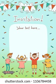 Funny summer children hold a banner for inscription on a festive background with garlands and clouds. Isolated characters and inscription template