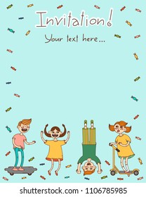 Funny summer children hold a banner for inscription on a festive background with garlands and clouds. Isolated characters and inscription template
