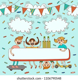 Funny summer children hold a banner for inscription on a festive background with garlands and clouds. Isolated characters and inscription template