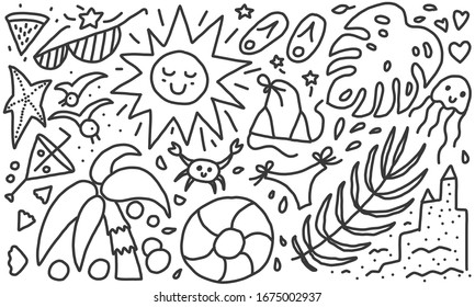 Funny summer doodle background. Hand drawn elements: swimsuit, tropical leaves, sunglasses, slippers, swimming circle, sun, sand castle, jellyfish, crab, starfish, cocktail, seagull, palm tree, etc.
