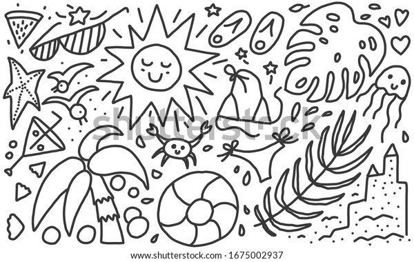 Funny summer doodle background. Hand drawn elements:\
swimsuit, tropical leaves, sunglasses, slippers, swimming circle,\
sun, sand castle, jellyfish, crab, starfish, cocktail, seagull,\
palm tree, etc.