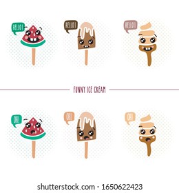 Funny summer drawings. Color icons of chocolate, vanilla and watermelon ice cream with different expressions.