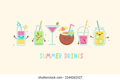 Funny Summer Drinks Characters.Kawaii Smiling Lemonade And Soda,coconut,smoothie,juice,shake,detox In Glass,plastic Takeaway Cup,bottle.Hand Drawn Cute Vector For Web,design,print, Isolated On White.