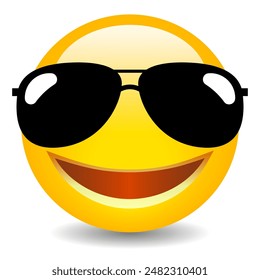 Funny summer emoji with sun glasses over white background. Smiling happy face vector illustration.