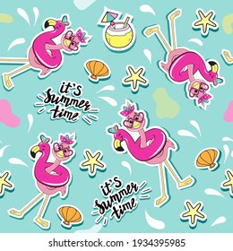 Funny summer flamingo on an inflatable flamingo seamless pattern. Vector illustration. Fashion patches badges