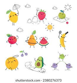 Funny Summer Fruit Characters Enjoying Vacation Having Fun Vector Set