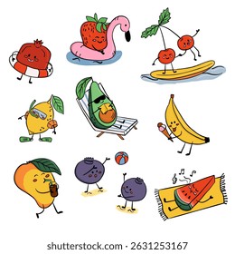 Funny summer fruit characters relaxing, playing, and swimming in cute cartoon style. This vector represents vacation, tropical fun, and healthy lifestyle with playful fruit personalities