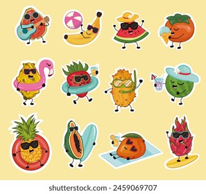 Funny summer fruit stickers. Exotic fruits collection on the summer holidays. 