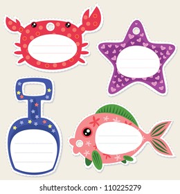 Funny summer gift tags in the shape of: crab, fish, sea-star and kids shovel. Some blank space for your text included.