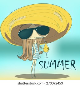 funny summer girl drinking the cocktail.