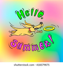 Funny Summer Greeting Card With A Cute Frisbee Catching Dog. Vector Illustration, Eps10