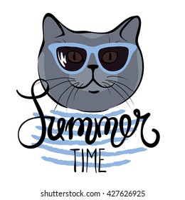 Funny summer hand drawing calligraphy/British blue cat in sunglasses