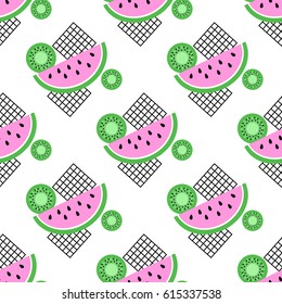 Funny summer ornament with slices of watermelon and kiwi on white background.
Stylization the trendy memphis style of the 80's. Universal seamless pattern in bright colors. Vector illustration EPS 8
