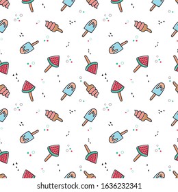 Funny summer pattern. Ice cream drawings. Line made drawing. Editable vector.