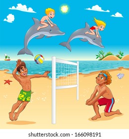 Funny summer scene with dolphins and beach-volley. Cartoon vector illustration.