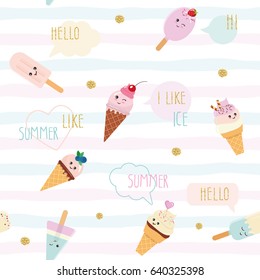 Funny summer seamless pattern background with cartoon ice cream and speech bubbles. For print and web.