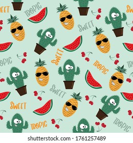 Funny Summer seamless pattern, cactus, pineapple, watermelon and cherries.