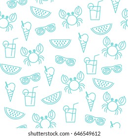 Funny summer seamless pattern with crab, sunglasses, ice cream, watermelon and lemonade.Vector holiday stylized background, Illustration design