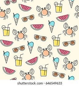 Funny summer seamless pattern with crab, sunglasses, ice cream, watermelon and lemonade.Vector holiday stylized background, Illustration design