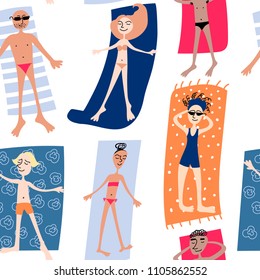 Funny summer seamless pattern. Happy people at the beach with towels, men and women relaxing and sunbathing