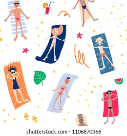 Funny summer seamless pattern. Happy people at the beach with towels, men and women relaxing and sunbathing