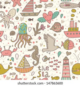 Funny summer seamless pattern with ships, jellyfish, seahorse, lighthouse, seagull, octopus, crab, whale. The sea vector texture. Travel vacation background.