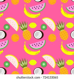 Funny summer seamless pattern with tropical fruits. Pineapple, banana and kiwi fruit on a pink background. Universal print for fabric, wallpaper, textile. Vector illustration EPS 8