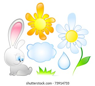 funny summer set with a bunny, sun, cloud, drop and chamomile