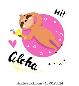 Funny summer sloth lies on a pink rubber ring and the inscription aloha on a white background. Summer concept