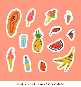 Funny summer stickers set with refresher cold drinks, frozen desserts and juicy fruits. Papaya, pineapple, watermelon, orange, strawberry, ice cream cone and popsicle, various beverages etc