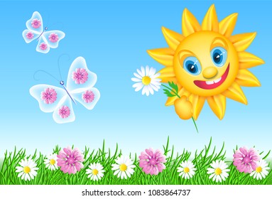 Funny summer sun with daisy and meadow flowers, butterflies and green grass