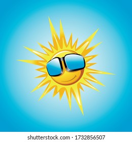 Funny summer sun having fun and wearing sunglasses shining in the blue sky