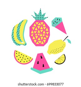 Funny summer tropical fruits. Creative illustration in cutout style