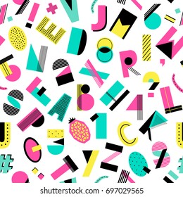 Funny summer tropical pattern with alphabet. Creative letters and symbols in cutout style