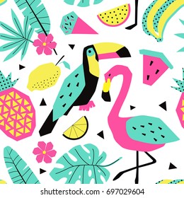 Funny summer tropical pattern with birds. Creative illustration in trendy style