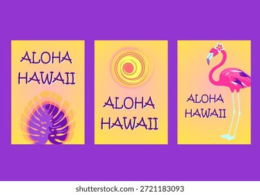 Lustiges Sommer-Typografie-Poster mit heißgelber Sonne, Monstera-Blatt, rosafarbenem Flamingo und Aloha Hawaii-Schriftzug. Teil 1