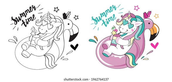 A funny summer unicorn floats on an inflatable flamingo and the inscription Summer time. Vector illustration in color and black and white. Coloring book for children