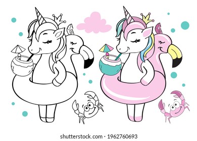 Funny summer unicorn and inflatable flamingo. Coloring for children. Vector illustration in color and black by one line